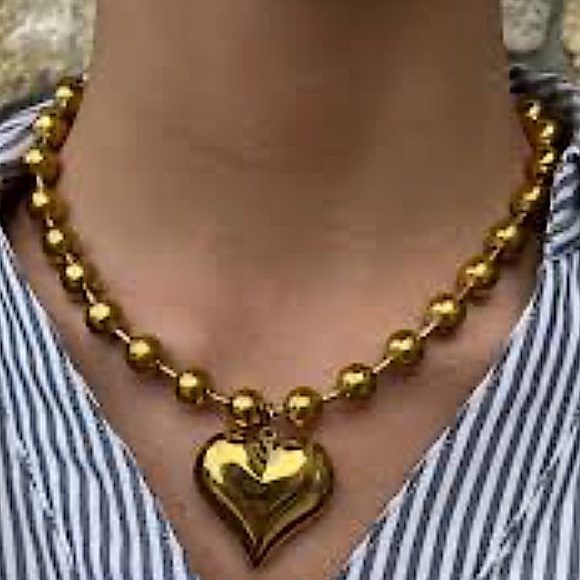Gold Beaded Heart Exaggerated Necklace - Picture 1 of 6